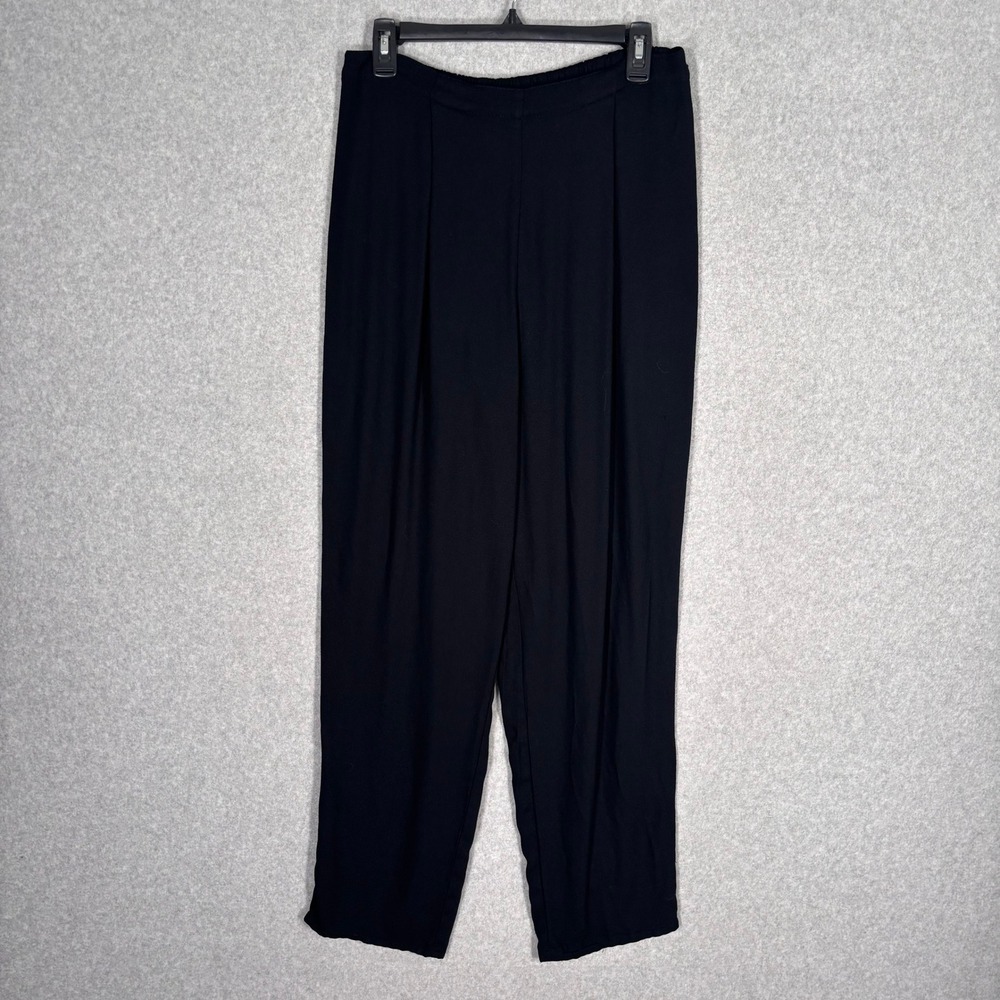 FLAX Pleated Pants Medium Black Rayon Elastic Waist Tapered Leg Pockets *READ*